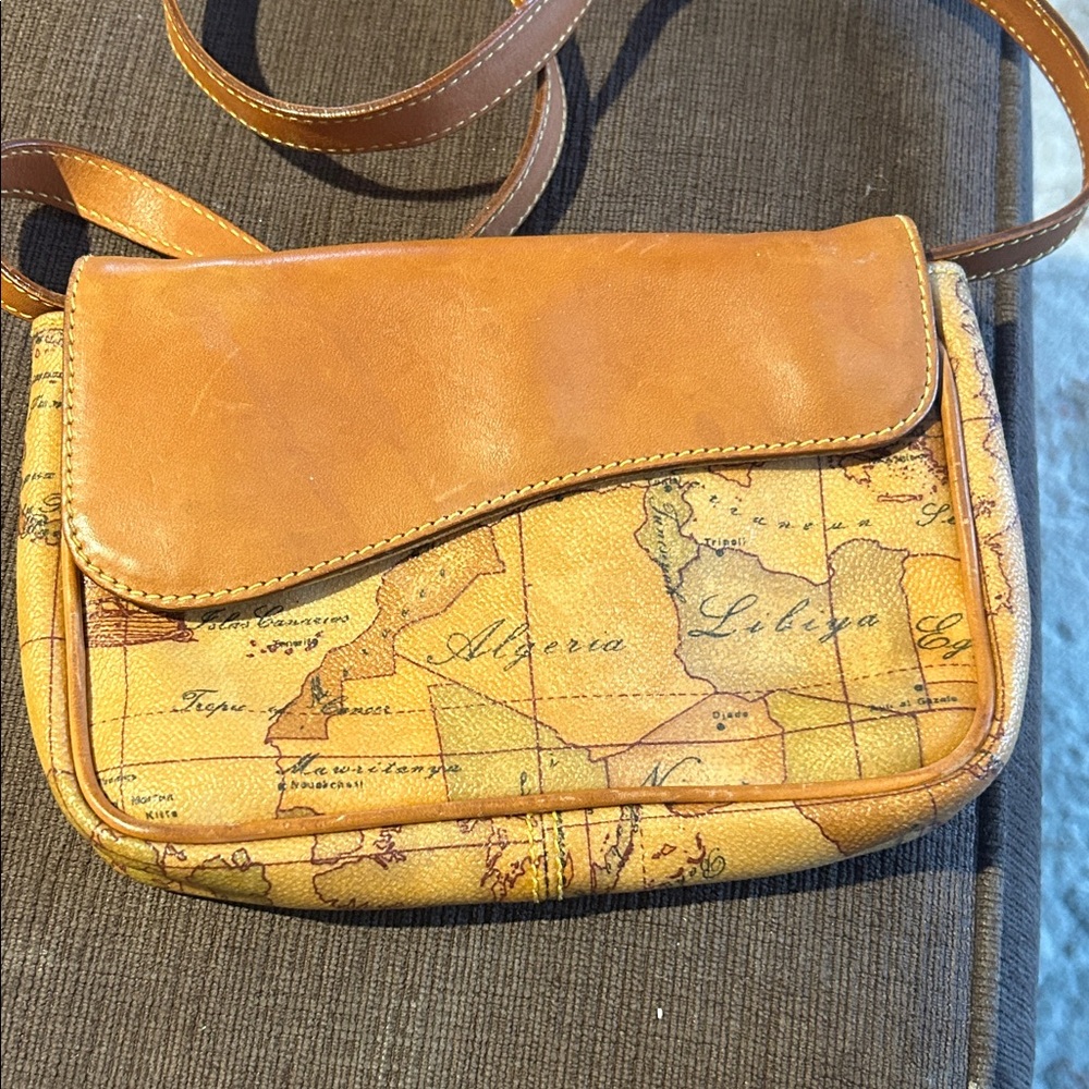 Alviero Martini Tan Map Print Crossbody Bag